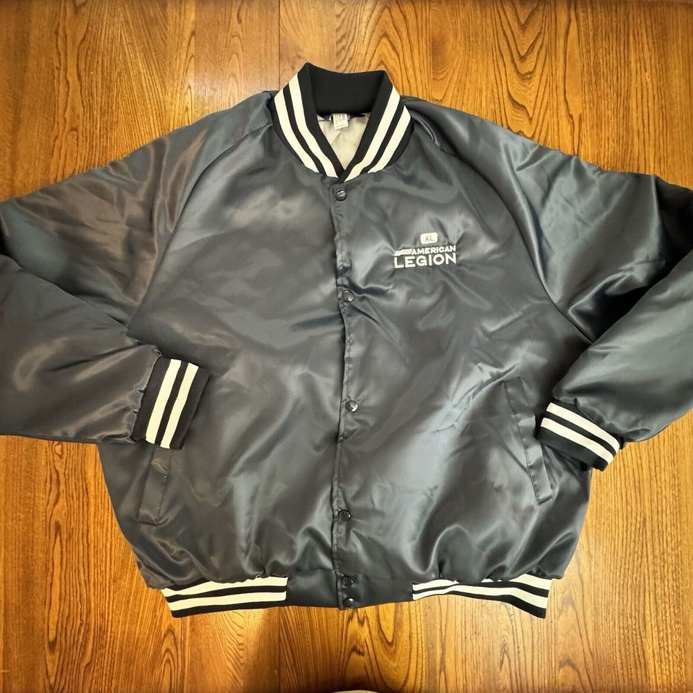 Vintage ASW American Legion Embroidered Navy Satin Bomber Jacket Sz XL USA